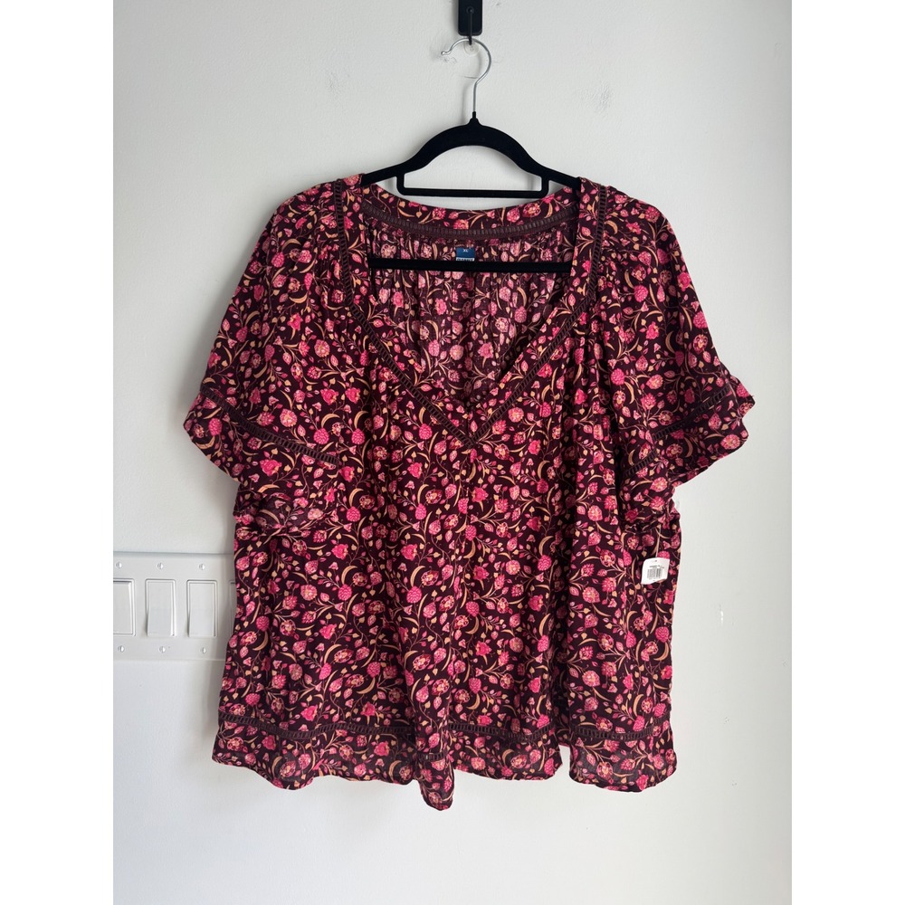 Old Navy Burgundy Floral V-Neck Flowy Blouse Ladder Lace Trim XL NEW